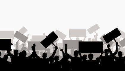 Silhouettes of a protesting crowd. People protest with banners. - obrazy, fototapety, plakaty