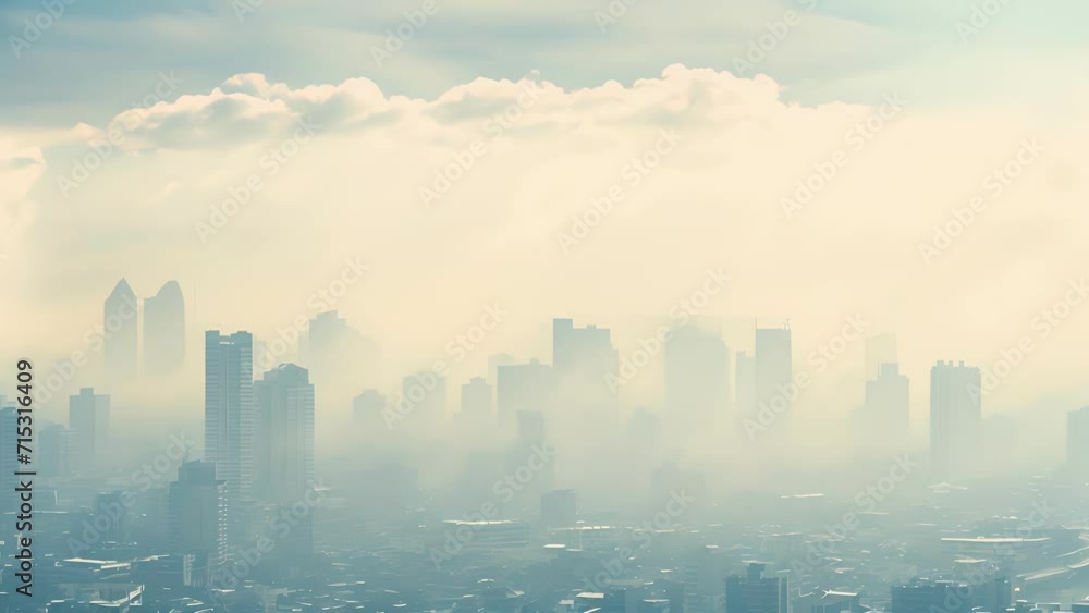 Poster hazy metropolis a captivating view of a city enveloped in a hazy layer of pollution, illustrating th