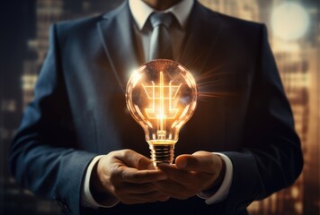 A businessman's hand holding a luminous light bulb, symbolizing innovation.