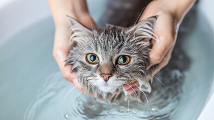 A giggling girl bathes a disgruntled cat, creating a hilarious wet feline moment in a grooming salon, Ai Generated.