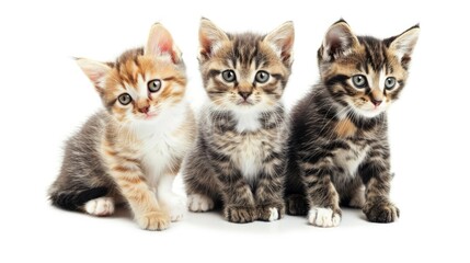 Three adorable cat kittens, in various colors, stand and sit together on a white background, Ai Generated.