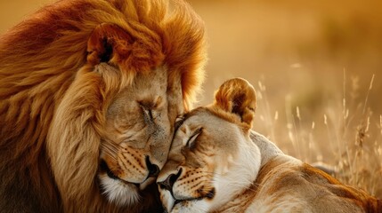 A majestic African lion couple expresses their loving pride, showcasing the beauty of predator's love, Ai Generated.