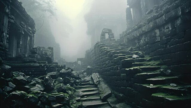 The ruins of an ancient temple rise out of the ethereal fog, invoking a sense of reverence for the past. The fog almost seems to be protecting the remnants of this oncegreat civilization.