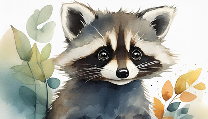 A flat illustration with a baby raccoon on a white background. The concept of wildlife, watercolor