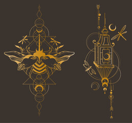 Mystical celestial moth and butterfly clipart bundle in golden foil texture, magic golden colored insects silhouettes in vector, unreal hand drawn night moth, isolated elements set