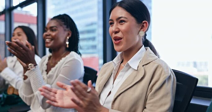 Woman, applause and happy for presentation, diverse group and modern office. Business meeting, celebration and approval of plan, strategy and workshop for colleagues, motivation or good news