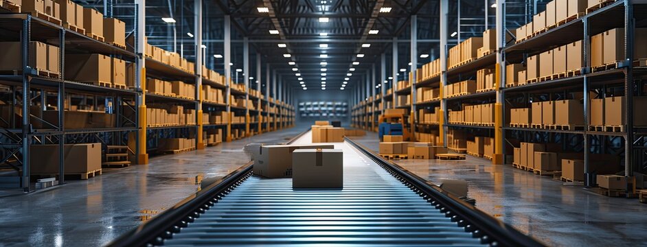 An automated logistics concept illustrated by a conveyor belt in a distribution warehouse, with rows of cardboard box packages for e-commerce delivery.