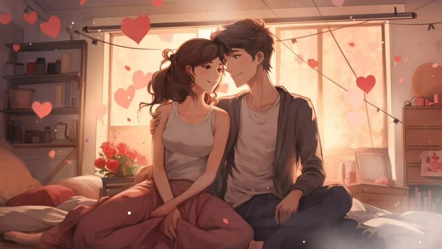 Lofi anime girl, cuddling with her boyfriend in the room, romantic and valentine couple concept. seamless looping time-lapse 4k animation video background