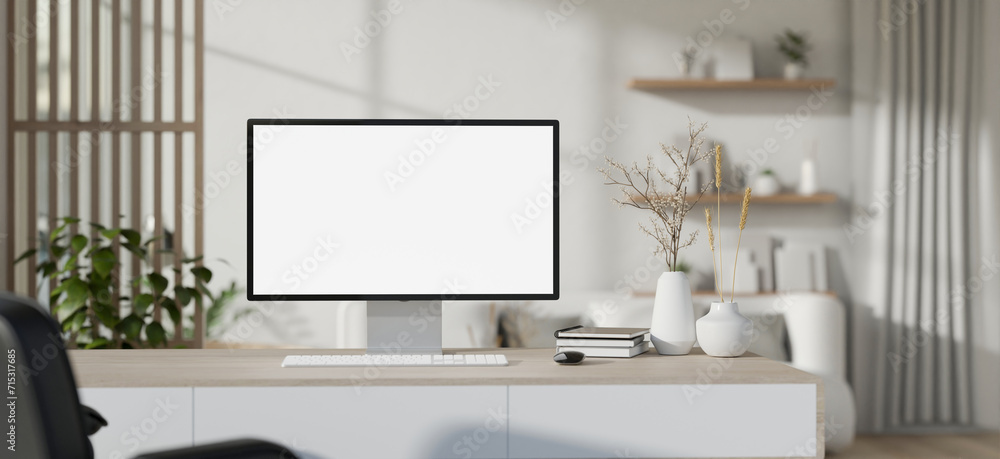 Wall mural interior design of a modern white home office workspace with a pc computer mockup on a desk. - Wall murals