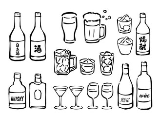ドリンク・飲み放題・宴会飲み物・お酒の線画イラストセット