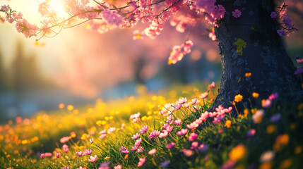 hell und rosa blühende Bäume auf der Wiese im Frühling - obrazy, fototapety, plakaty