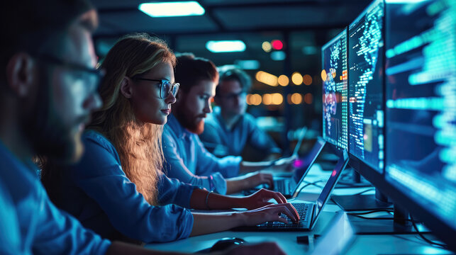 A team of software developers coding, collaborating and testing applications in a modern development environment. Generative AI.