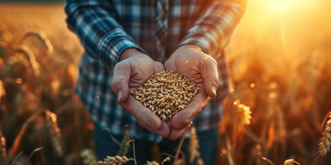 Farmer holding a handful of wheat in the field. Harvesting concept - obrazy, fototapety, plakaty