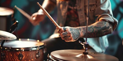 Fototapeta na wymiar Close-up of a tattooed man playing drums in recording studio.
