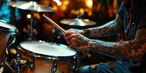 Close-up of a tattooed man playing drums in a nightclub - obrazy, fototapety, plakaty