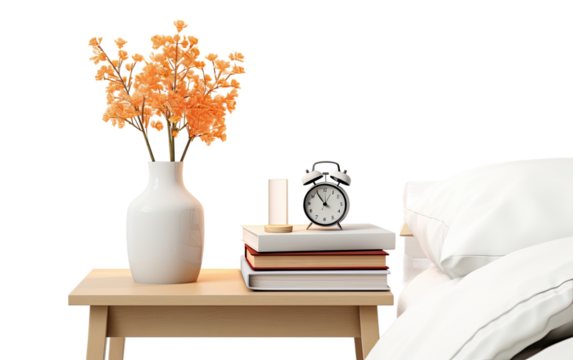 Bedside Table with Plant Pot, Clock, and Books, a Time Honored Refuge on a White or Clear Surface PNG Transparent Background.