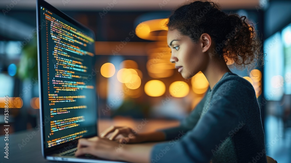 Aufkleber Software development concept. Coding programmer, software engineer working on her laptop with coding computer code on virtual screen. Generative AI.
