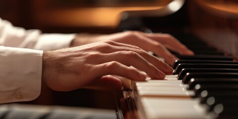 Fototapeta premium Close up of male hands playing the piano. Concept of music.