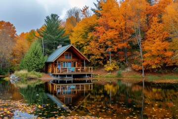 Fototapeta na wymiar A cozy autumn cabin surrounded by fall foliage, with a view of a tranquil lake. AI generative
