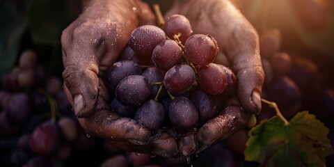 Grapes in the hands of a farmer on a black background - obrazy, fototapety, plakaty