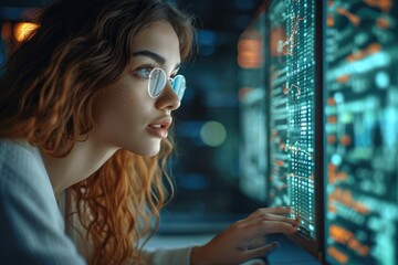 A Software programmer Writing Software Code for Innovative Big Data Blockchain Project, Female Artificial Intelligence engineer working on computer in a technological Office. Generative AI.