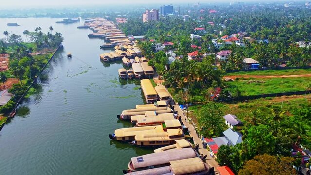 Aerial shot of Houseboats on Kerala backwaters, in Alleppey, Kerala, India
