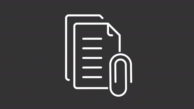 Animated attachment white icon. Sending file line animation. Upload document. File sharing. Paper and clip. Black illustration on white background. HD video with alpha channel. Motion graphic