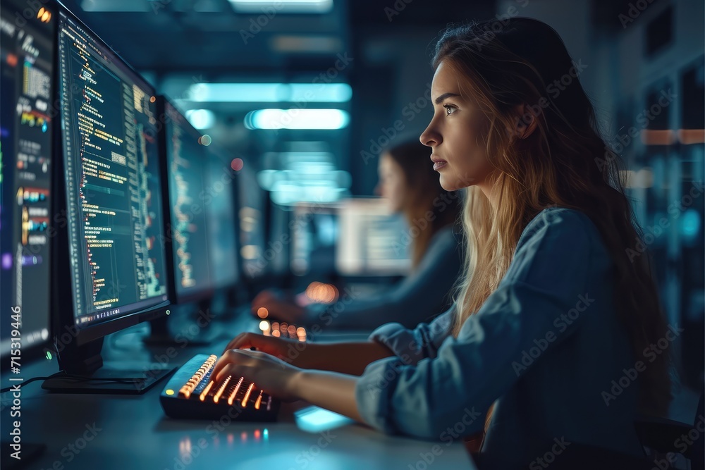 Poster Female Software Engineer Writing Code on Desktop Computer with Multiple Screens Setup in Stylish Co working Office Space. Generative AI.
