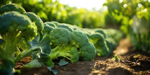 Organic fresh broccoli cabbage close-up on the field, eco-friendly products. Generative AI - obrazy, fototapety, plakaty