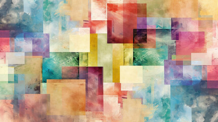 Abstract arrangement of soft pastel squares and rectangles blend gently in watercolor texture for background - obrazy, fototapety, plakaty