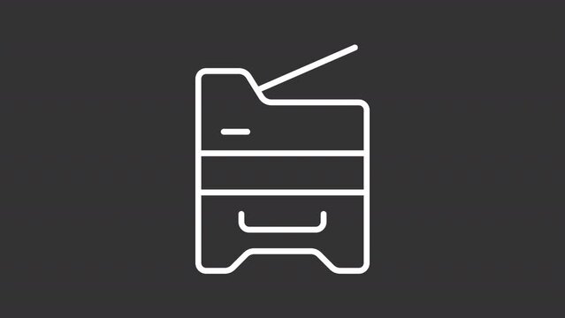 Animated photocopier white icon. Copying document line animation. Copy machine in office. Multifunction printer. Black illustration on white background. HD video with alpha channel. Motion graphic