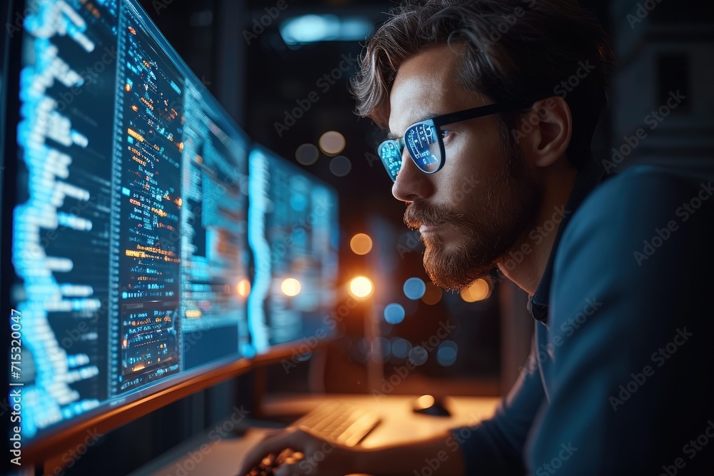 Leinwandbilder A Software programmer Writing Software Code for Innovative Big Data Blockchain Project, Male Artificial Intelligence engineer working on computer in a technological office. Generative AI.