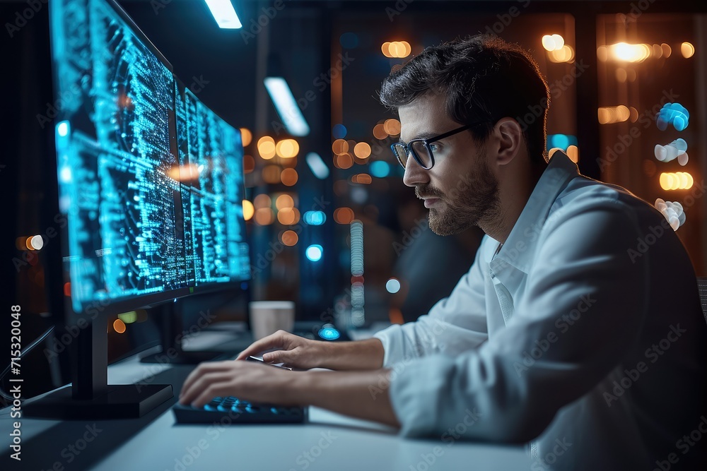Leinwandbilder A Software programmer Writing Software Code for Innovative Big Data Blockchain Project, Male Artificial Intelligence engineer working on computer in a technological office. Generative AI.