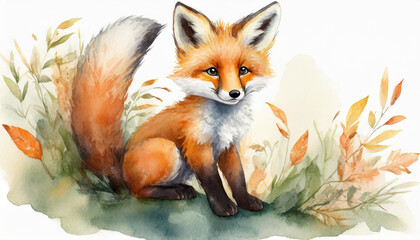 A flat illustration with a fox cub on a white background. The concept of wildlife, watercolor