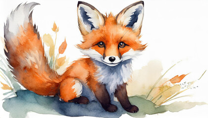 Fototapeta premium A flat illustration with a fox cub on a white background. The concept of wildlife, watercolor