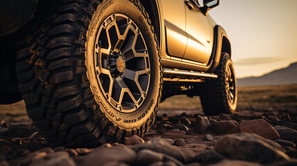 Close up photo of a large offroad wheel with a 4x4 car