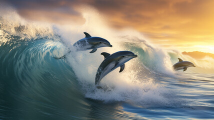 A striking photograph of a pod of dolphins leaping through the waves - obrazy, fototapety, plakaty