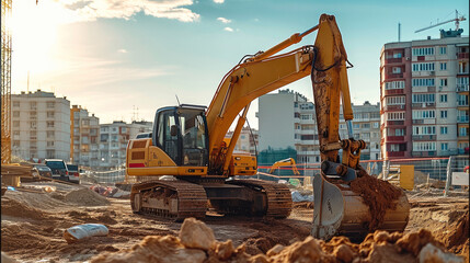 Excavators preparing for laying building foundation, construction site of real estate project. Generative AI.