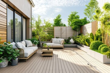 Beautiful of modern terrace with deck flooring and fence, green potted flowers plants and outdoors furniture. Cozy relaxing area at home. - obrazy, fototapety, plakaty