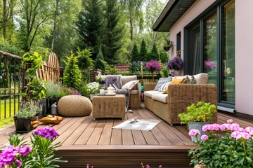 Beautiful of modern terrace with deck flooring and fence, green potted flowers plants and outdoors furniture. Cozy relaxing area at home.