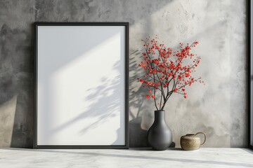 Blank picture frame mockup on wall in modern interior. Artwork template mock up in interior design with trendy vase.