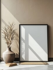 Blank picture frame mockup on wall in modern interior. Artwork template mock up in interior design with trendy vase.