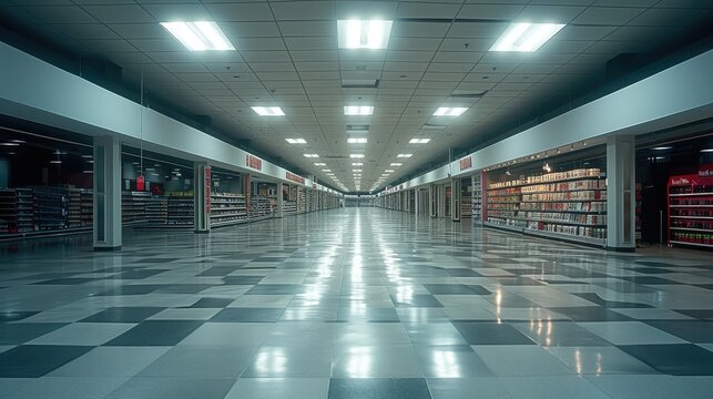 Liminal space at public store, empty, frightening. Generative AI.