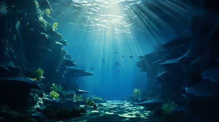 Underwater view with school fish  and the coral reef in ocean.