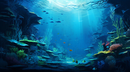 Underwater view with school fish  and the coral reef in ocean.