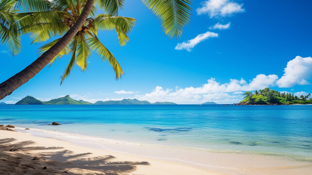 .An enchanting image of a tranquil beach with golden sands and crystal-clear waters