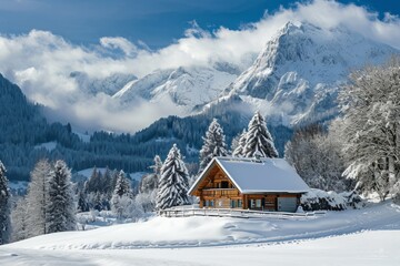 An idyllic mountain retreat covered in snow with a cozy cabin. Cozy house in a winter forest. AI generative