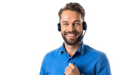 Smiling male customer support agent in a blue uniform looking towards the camera isolated background