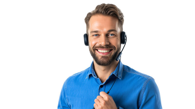Smiling male customer support agent in a blue uniform looking towards the camera isolated background