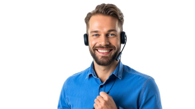 Smiling male customer support agent in a blue uniform looking towards the camera isolated background - Powered by Adobe